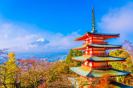 日本大林秋季枫叶树旁有朱雷托塔的富士山美景