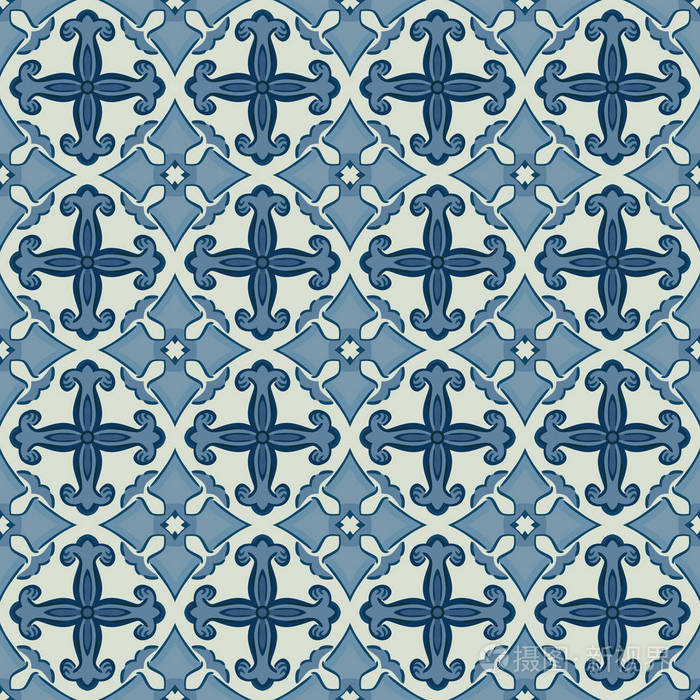 由米色和蓝色的抽象元素构成的无缝插图图案