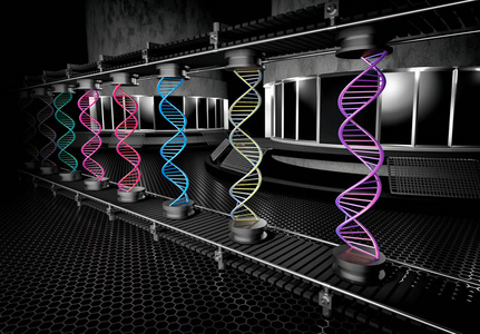 在装配线上组装彩色DNA螺旋的三维插图