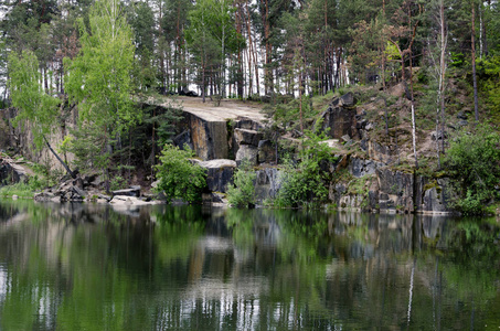 美丽的树木景观和石岩森林峡谷中的池塘是春天下午，乌克兰，犹太地区，Korostyshevsky区。