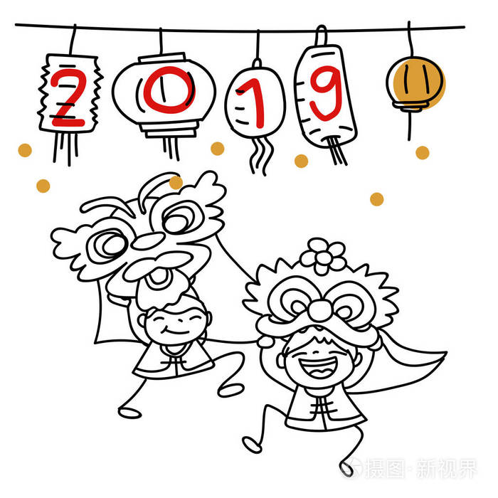 手绘卡通人物中国人和孩子们中国新年快乐2019年农历新年概念用于着色