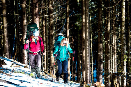 两个女人在冬季远足。 带着徒步旅行杆的女朋友在白雪覆盖的山路上。 带背包和雪鞋的女孩一起旅行。 朋友在阳光明媚的日子穿过杉树林。
