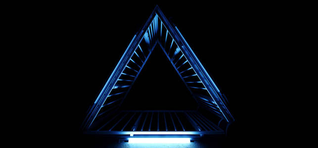 优雅的SCI FI未来派详细的高科技外星发光霓虹灯蓝光三角形形状的金属结构在深黑色背景粗糙混凝土三维渲染插图。
