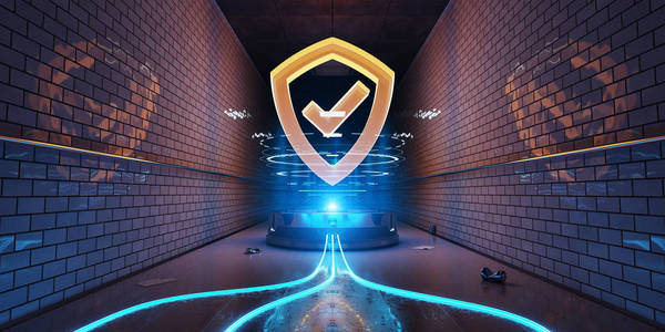 蓝色和橙色地下网络安全全息图与数字屏蔽3D渲染