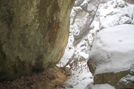 冬天的悬崖。 圣诞树和冷杉。 落下来的雪山和多沃什岩石。 乌克兰