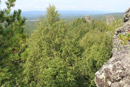 有岩石和蓝天的景观在俄罗斯的乌拉尔有美丽的地方景观。烫发地区的照片山帽。时间是一年的夏天。山和森林是旅行者的美丽地方。