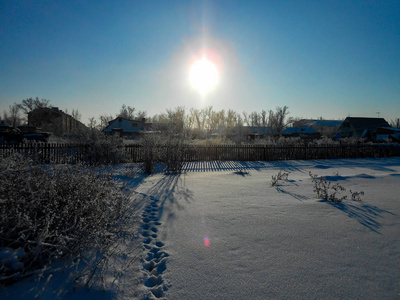 一个冬天晴朗的一天，一个乡村景观，一个覆盖着雪的乡村花园。 冻结的树枝。 在背景中可以看到小房子。