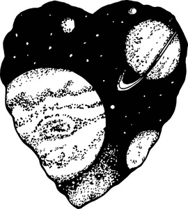 一个心脏的例证与空间里面, 土星和行星。纹身的想法
