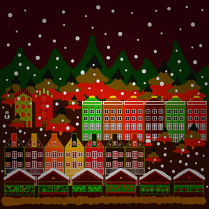 创意圣诞背景。景观与冬季的房子，木材，树木，山丘上的红色，棕色和绿色。矢量图。