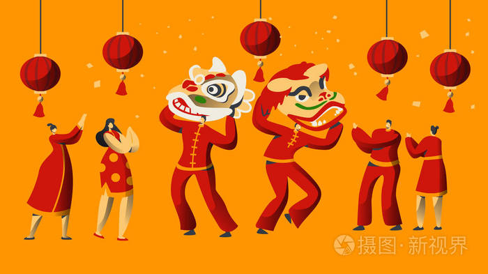 中国节日庆典红龙服装男舞.亚洲传统节日贺卡模板平面卡通矢量插图