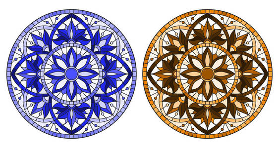 一套彩色玻璃风格的插图，圆形花安排，蓝色和棕色色调。