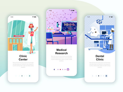一套入职屏幕用户界面套件，用于医学研究牙科诊所移动应用程序模板概念。 现代UXUI屏幕的移动或响应网站。 矢量图。