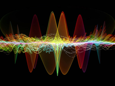 波函数系列。 色正弦振动光和分形元素对声音均衡器音乐谱和量子概率的抽象设计