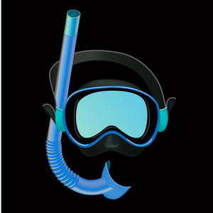 黑色背景的逼真的蓝色潜水面罩, 潜水管, 游泳设备, 浮潜