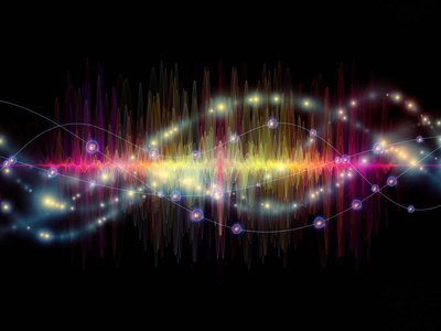 波函数系列。 有色正弦振动光和分形元素的组成与声音均衡器音乐谱和量子概率的隐喻关系