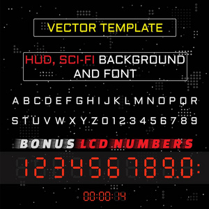 抽象背景字体和液晶数字，用于向上显示HUD。 科幻未来主义用户界面。 矢量图。