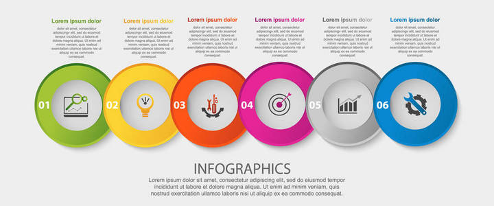 现代三维矢量插图。 具有六个元素的圆形信息模板。 图标和文本。 为业务演示设计，Web设计应用程序接口图，有6个步骤。