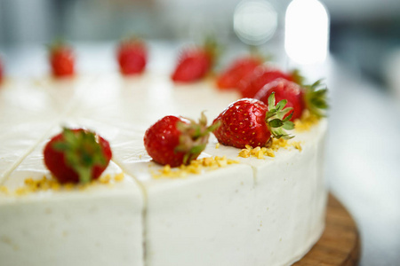  fresh strawberries on topping.Delicious Italian restaurant dess