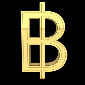 泰国货币符号的三维渲染. 泰铢. 黑色背景上分离的金属金.照片