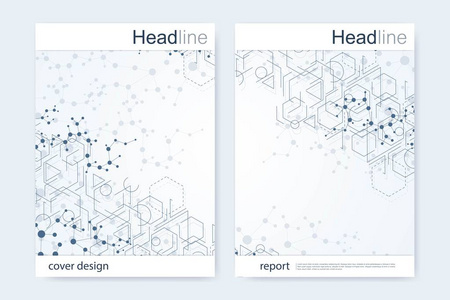 科学的宣传册设计模板。矢量海报布局 分子结构与连接的线和点。科学模式原子 Dna 与杂志 传单 封面 海报设计元素