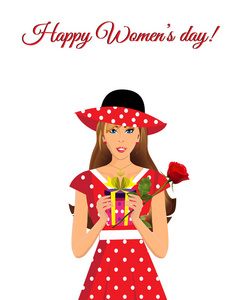 快乐女人日贺卡与可爱可爱的可爱女孩穿着红色连衣裙，圆点打印和帽子持有礼物和美丽的玫瑰在白色背景上孤立。
