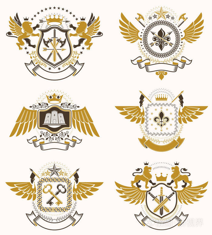 一套矢量复古徽章,设计元素,如中世纪城堡,军械库,野生动物,皇家皇冠