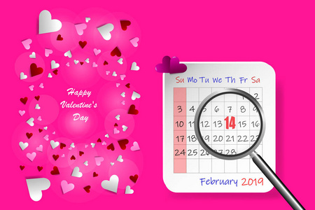 s Day pink vector with February calendar sheet with magnifying g