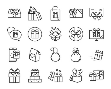 一套礼品盒线图标圣诞节和新年快乐礼物