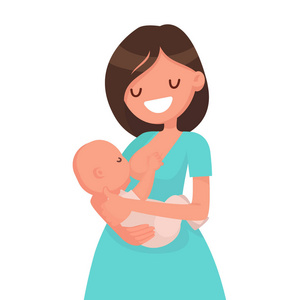 快乐的母亲正在哺乳婴儿。 平面样式的矢量插图