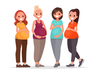 一群孕妇。 未来的母亲期待着孩子。 平面样式的矢量插图