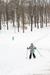 冬天在寒冷的天气里去公园滑雪