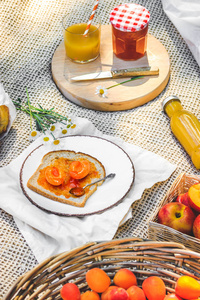 在米色格子上野餐的食物分类。盘子配杏子, 小罐子配果酱, 各种面包, 果汁。舒适的夏季早餐