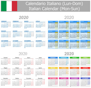 2020年意大利混合日历蒙太阳白色背景