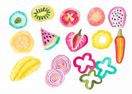 手工绘制切片水果蔬菜插图水彩