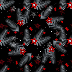寒假无缝图案黑色。 节日圣诞符号壁纸。 圣诞树星球雪花片重复装饰