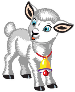 卡通婴儿羊脖子上有一个金钟。 可爱的白羊。 幼儿孤立矢量插图