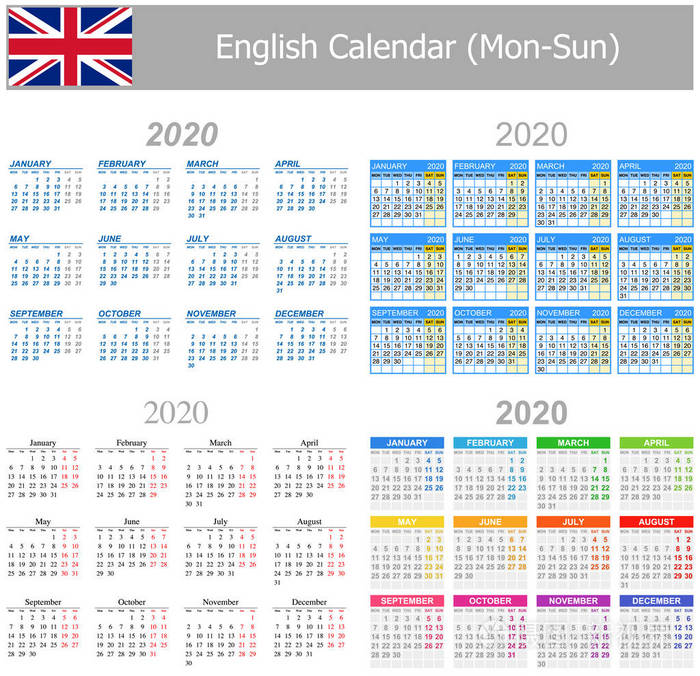 2020年英国混合日历蒙太阳白色背景