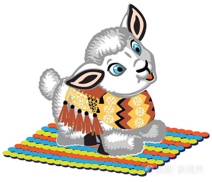 卡通婴儿羊躺在垫子上,戴着一条温暖的针织围巾. 小白羊.