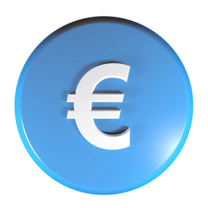 蓝色圆圈按钮，带有欧元货币3符号3D渲染插图