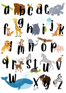 动物字母表。 独特的动物字母图片。 可用作海报明信片贺卡传单礼品标签邀请函或其他东西 玩得开心
