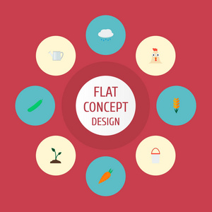 一套农业图标扁平风格的符号与胡萝卜, 麦穗, 桶和其他图标为您的网络移动应用程序徽标设计