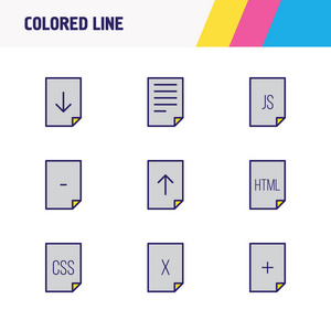 9个纸图标颜色的线的向量例证。编辑的 js 文件集, 上传, 删除文件和其他图标元素