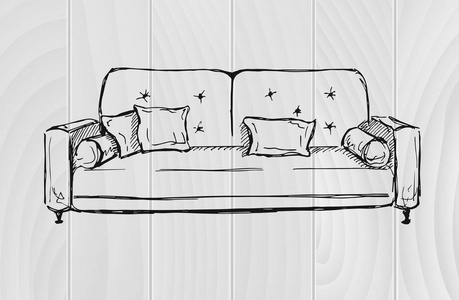 沙发孤立在木制背景上。 素描风格的矢量插图。