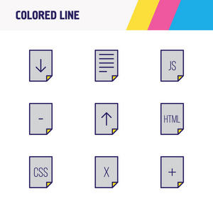 图为9个文档图标彩色行。编辑的 js 文件集, 上传, 删除文件和其他图标元素