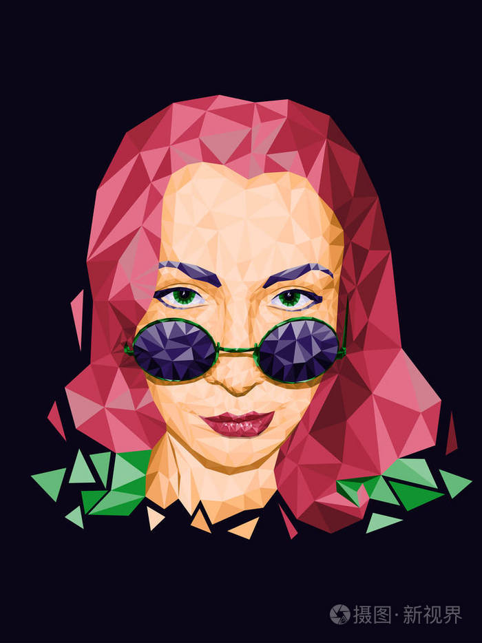 插画 带眼镜的女人的多边形抽象肖像.矢量图.eps