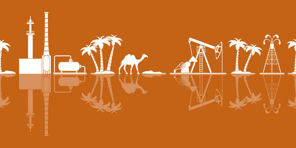 矢量无缝模式与设备的石油生产，炼油厂植物，骆驼，棕榈树。页眉或页脚横幅..