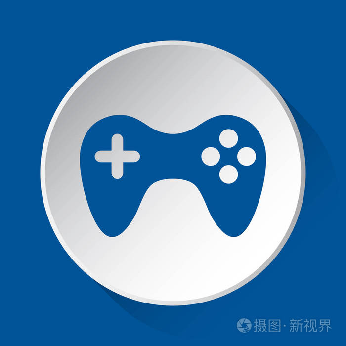 游戏本白色按钮上的简单蓝色图标蓝色方形背景前有阴影