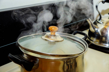 将猪肉将传统的汤煮猪肉或鸡汤放入锅煮食物中照片