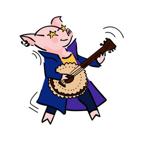 有趣的矢量卡通摇滚明星猪与吉他