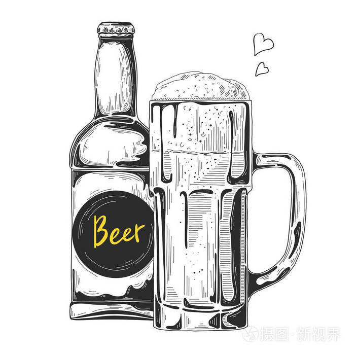 一杯啤酒. 素描风格的矢量插图.插画-正版商用图片16qyol-摄图新视界